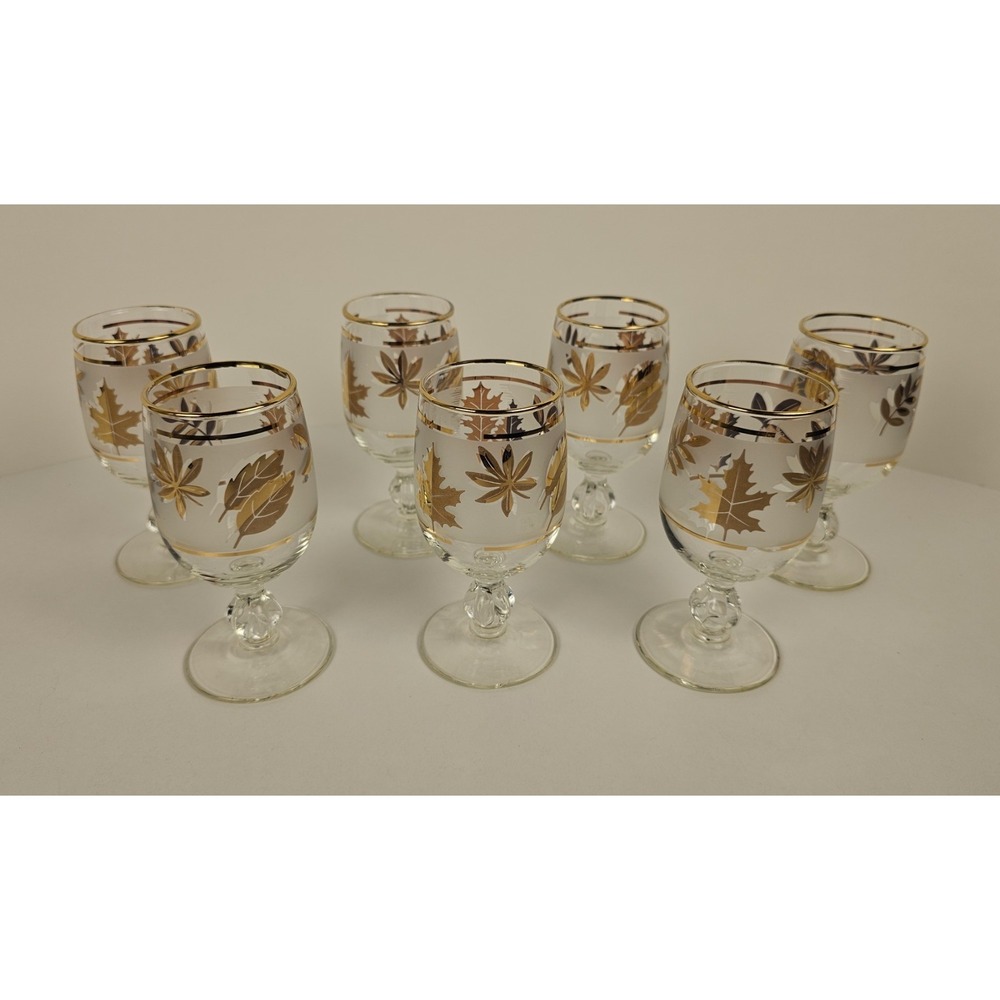 Libbey "Golden Foliage" Juice glass stem Cocktail Goblet 6 oz, Set of 7 Vintage